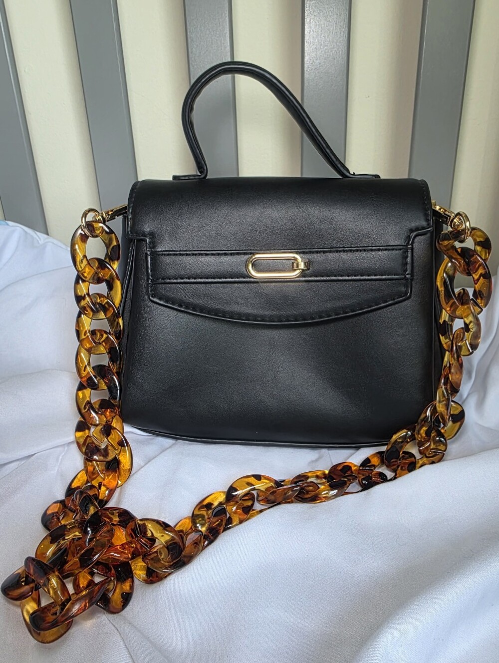 A New Day Classic Black Top-Handle Crossbody Bag with Tortoiseshell Chain